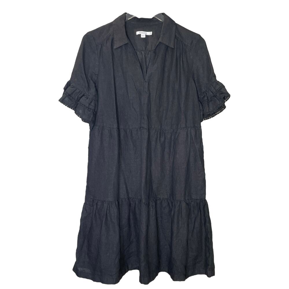 Chico’s 100% Linen Tiered Shirt Dress Black Ruffle Sleeve Pockets Size 0.5
